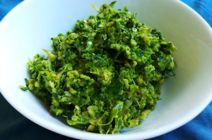 Maharastrian green chili thecha recipe in a white bowl