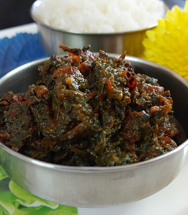 A colourful plate of Healthy Mixed Saag, showcasing a medley of spinach, bathua, carrot, and other nutritious ingredients.
